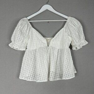 Molly Green Womens Top Medium White Structured Check Puff Blouse Babydoll Girlie